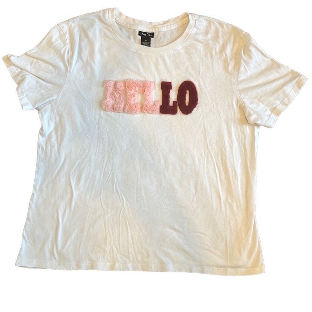 Rue21 White Pink Faux‎ Fur Fluffy Hello Crew Neck 100% Cotton T-Shirt Top XL